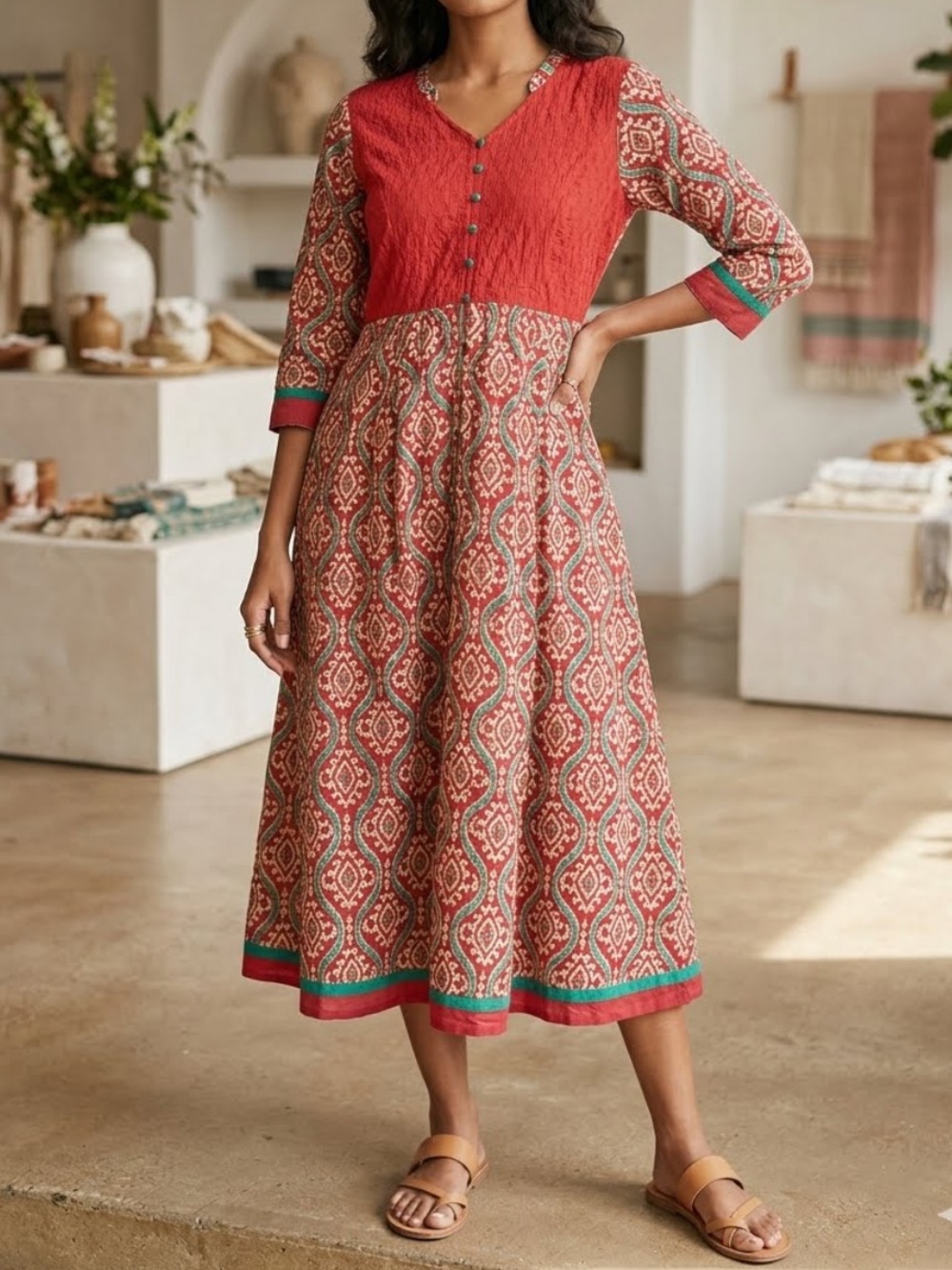 ANTHROPOLOGIE | ANAHI Damask Print Midi Dress 3/4 Sleeves Small